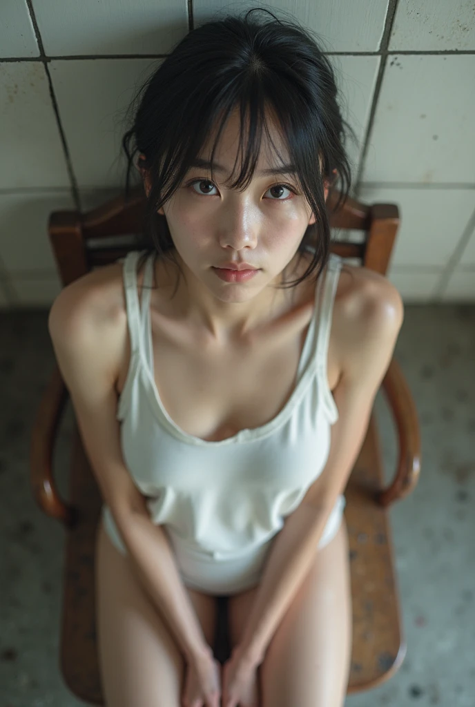 Full body photo、(((Small breasts)))、((Highest quality, 64k, masterpiece :1.3))、(((Hyperrealistic)))、looking at the camera、Very beautiful 28 year old Japanese nurse gets facial, (((White semen overflows from her mouth and drips down to her chest.)))、Licking up the overflowing semen with the tip of her tongue、Short bob hairstyle a little messy after sex、The whole body is wet with sweat、(((Bust size is B cup)))、(((The breasts are small)))、Sitting with her legs wide open on an examination table in a hospital、((Wearing a thin Japanese style nurse uniform))、Her mouth is open, unable to withstand the sexual pleasure、 Highest quality,(RAW Photos:1.2),(masterpiece:1.4),(Realistic:1.4)、Moist eyes、Beautiful black eyes.bukkake、(((Smaller breasts)))、No makeup、A small mole under the right eye、Accurate body proportions and realistic details、