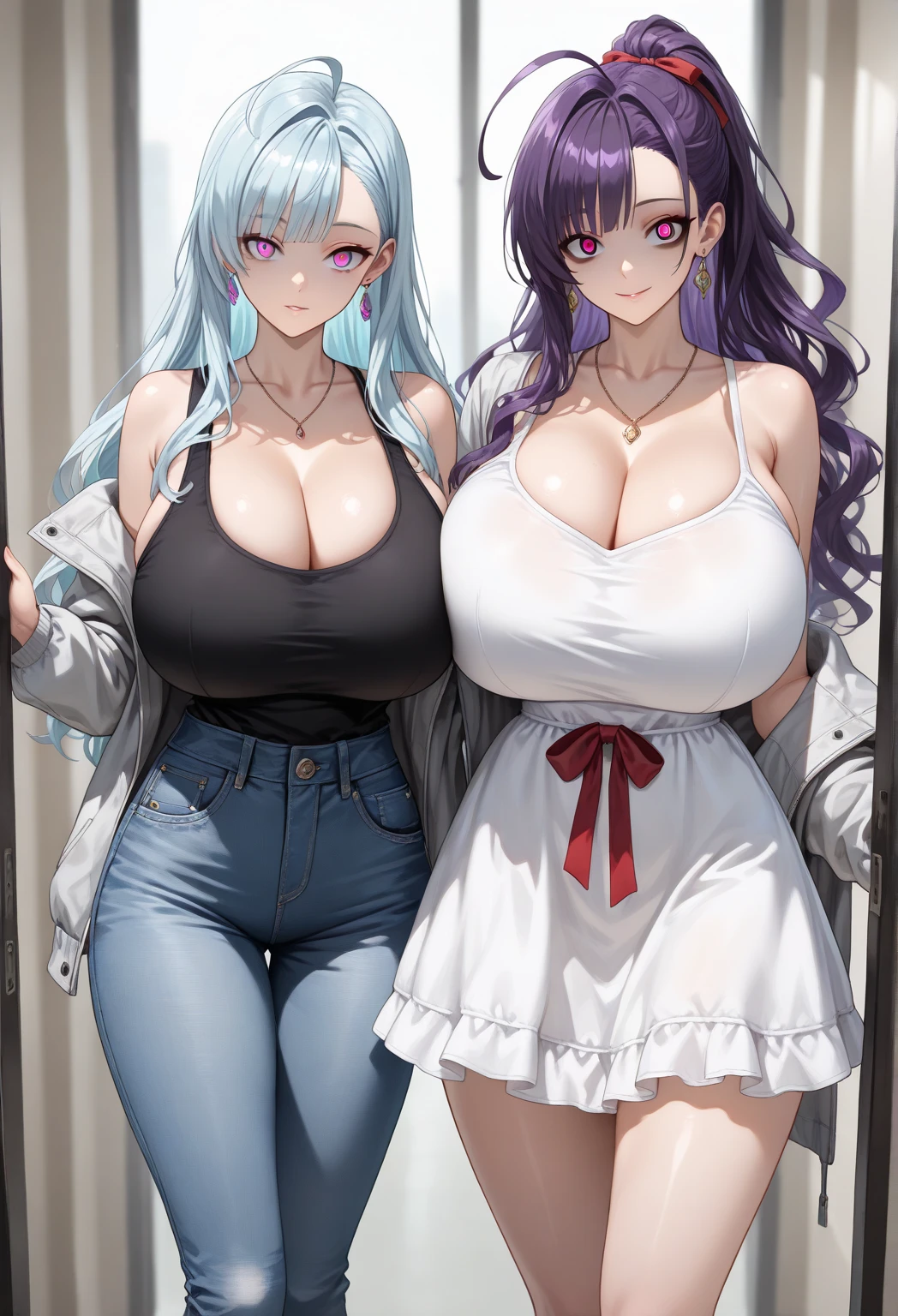 (8k,Super details,best masterpiece,nature,perfect work of art,perfect female figure),two women,sister and sister,sisters,Rainbow hair,perfect face,(huge),Neighbor's Wife,woman hairstyle,elegant wife,mature and exposed,20 years old,fair skin,messy hair,Perfect sexy body,Wear a fitted and sexy tunic dress,Strapless strapless short dress,Hot and sexy secretary,wear glasses,Standing in a spacious conference room,Papers scattered on the ground,Detail background,necklace,perfect eyes,, T-shaped small size,huge的山雀