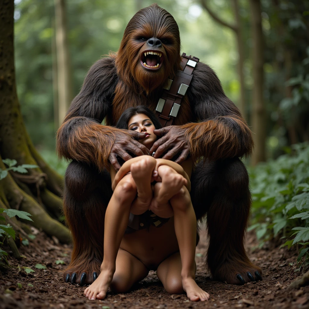 Aiki Enami is surrounded by a group of gorillas and embraced by two of them., Medium brown hair, Big Tits, Big Ass, Japanese beauty, Open anus,