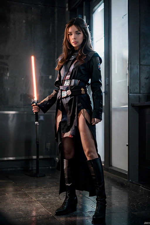 photo of wednesday addams, topless, pigtails, stockings, high boots, ultra realistic, ultra detailed, detailed background, dark atmosphere, on alien planet, star wars, two suns, golden hour, lightsabre, dynamic pose, fighting against a creepy alien