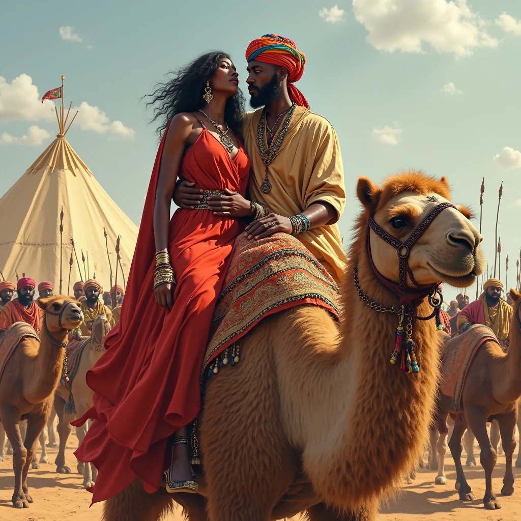 A young man and woman riding camels, man wearing beautiful white muslim clothing, woman wearing belly dancer outfit with jewelry, detailed facial features, intricate jewelry and clothing textures, dramatic lighting casting long shadows, desert landscape with towering sand dunes, warm golden tones, cinematic composition, (best quality,4k,8k,highres,masterpiece:1.2),ultra-detailed,(realistic,photorealistic,photo-realistic:1.37)