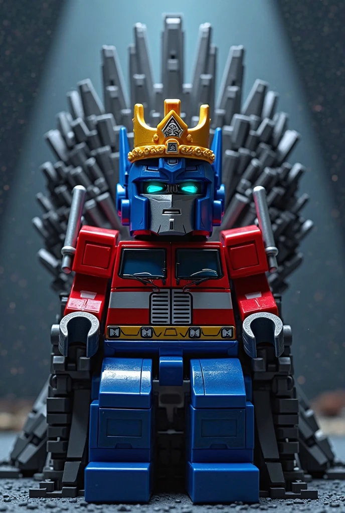 Optimus Prime wears the king's crown on his head. sitting on the iron throneเลโก้, กลางคืน