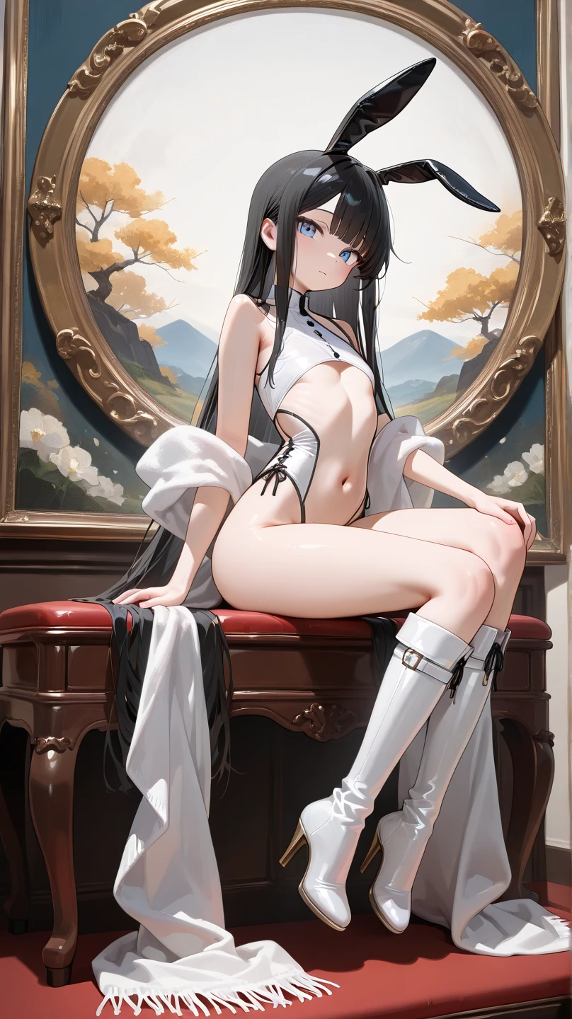 ((best quality)), ((masterpiece)), (detailed), 1girl, NSFW, small breasts, prominent collarbones, skinny arms, flat stomach, visible hip bones, long hair, ponytail, thick ponytail, heavy ponytail, red and white clothing, full body, whole body, body, NSFW, full body, whole body, head-to-toe NSFW, Bloodborne inspired, occult aesthetic, occult, detailed and intricate steampunk and detailed gothic