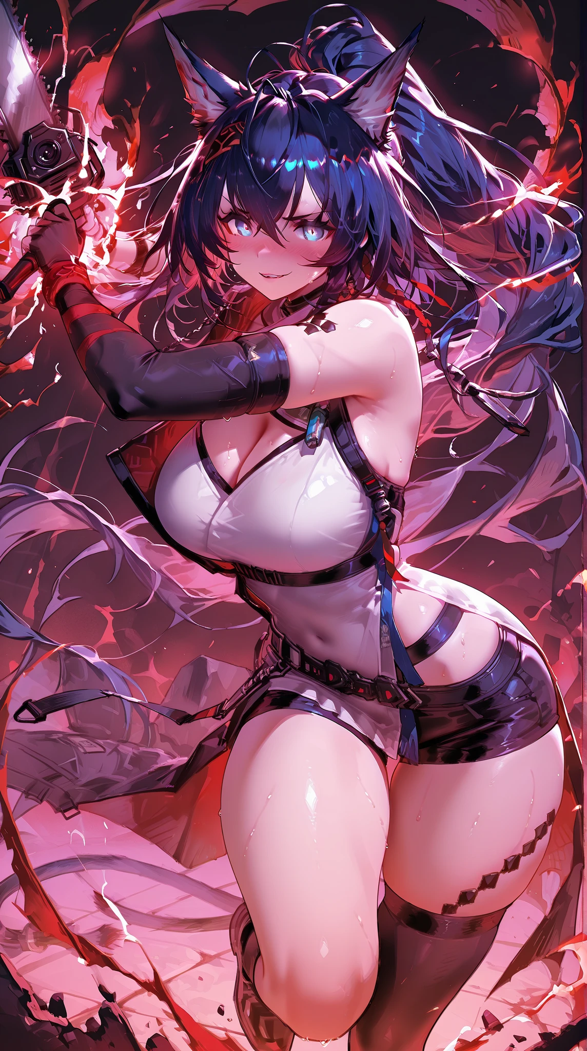 dark ultramarine blue futuristic demon warrior queen girl in coverall armored suit (((skirt))) mantle (hem) with sword, ((lacy)), futurism, cyberpunk, silk, fur, (stockings), (decollete), navel, natural breasts, slim body, zettai ryouiki, ((medium length dull scarlet hair)), (beautiful detailed bright magenta eyes), portrait, (beautiful and aesthetic:1.2, fractal art:1.4), most realistic, hyper-realistic, RAW, highest quality, best quality, Detailed, Realistic, 4k highly detailed digital art, octane render, bioluminescent, (cool_color), best pixels, 8k ultra, extremely detailed CG unity 8k wallpaper, cinematic lighting