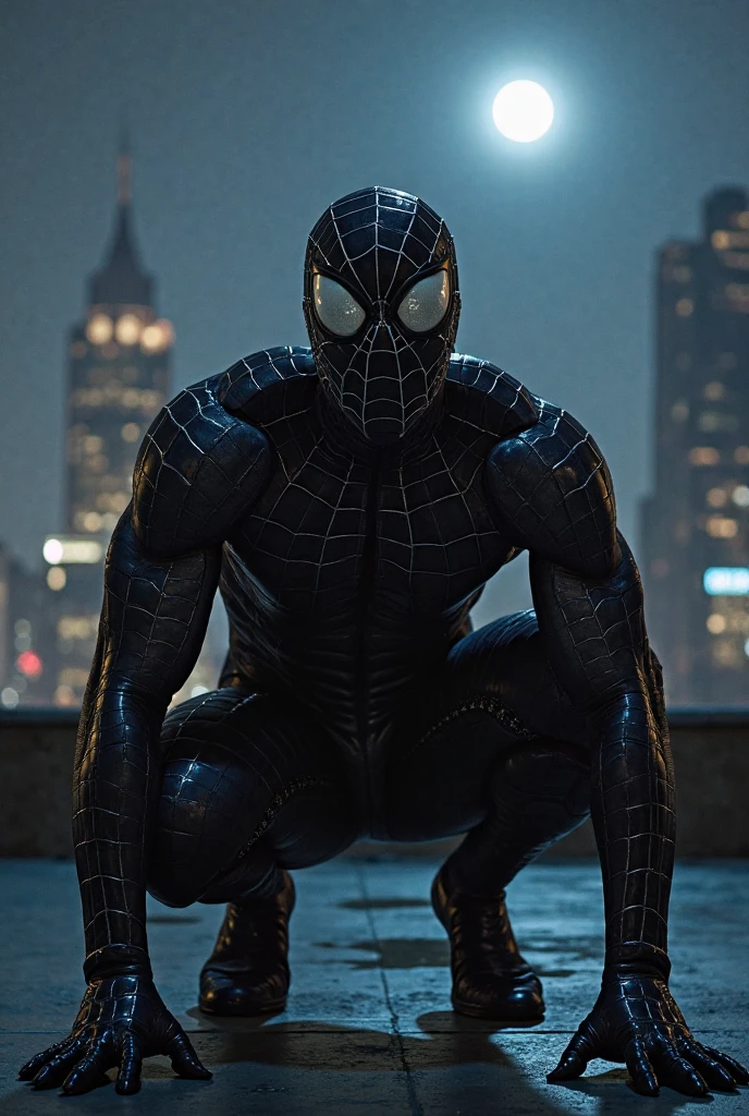 1960s USA, New York at night, black spider-man, black, ultra-realistic, ultra-detailed, top quality, masterpiece, best image quality, sitting in a building, orange street light, slim, black spider-man, pitch black spider-man, pitch black, black suit, Venom suit, head too black, less shiny material, black