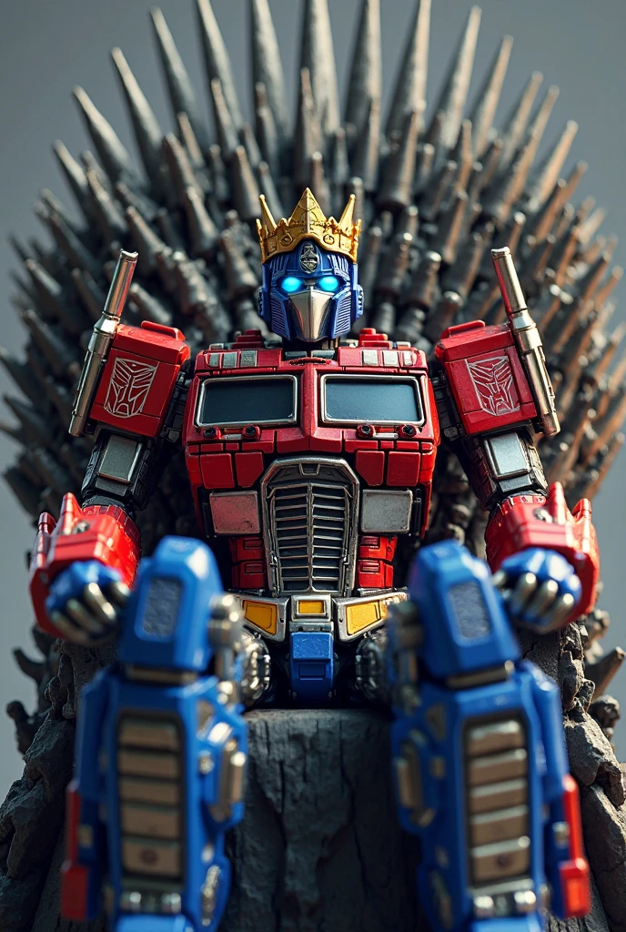 Optimus Prime wears the king's crown on his head. sitting on the iron throne