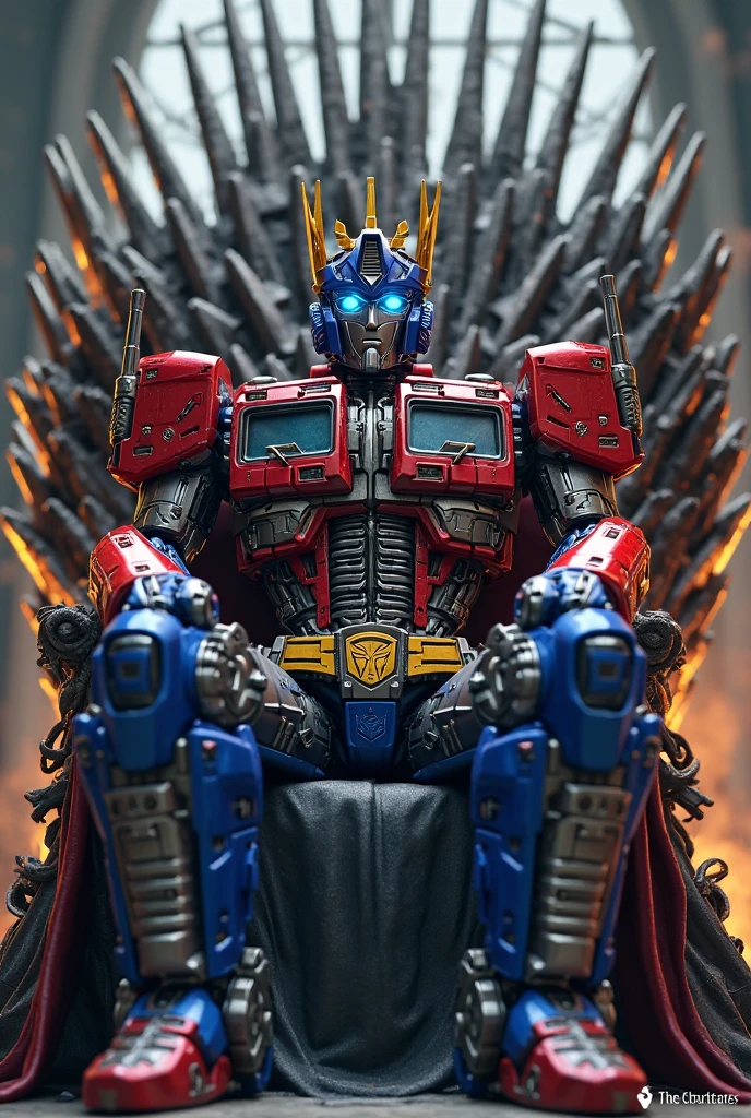 Optimus Prime wears the king's crown on his head. sitting on the iron throne