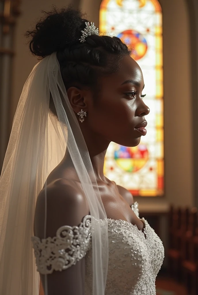 masterpiece, highest quality, solo focus, (skimpy:1.04), (short:1.15) and (curvy) woman with (dark skin:1.11) and (large breasts:1.1), full body, (cameltoe:1.1), high angle and (white wedding veil), ((see-through:0.6) white wedding dress), bridal gloves, (perfect face:1.1) intricate (high detail:1.1) body, covered navel, covered nipples, eyes up, lips, submerged in water, flower bed with lanterns in the background, lush forest, (leaves on water:1.0), falling sakura blossoms, butterflies, fireflies, by lee jeffries nikon d850 film stock photograph 4 kodak portra 400 camera f1.6 lens rich colors hyper realistic lifelike texture dramatic lighting unrealengine trending on artstation cinestill 800