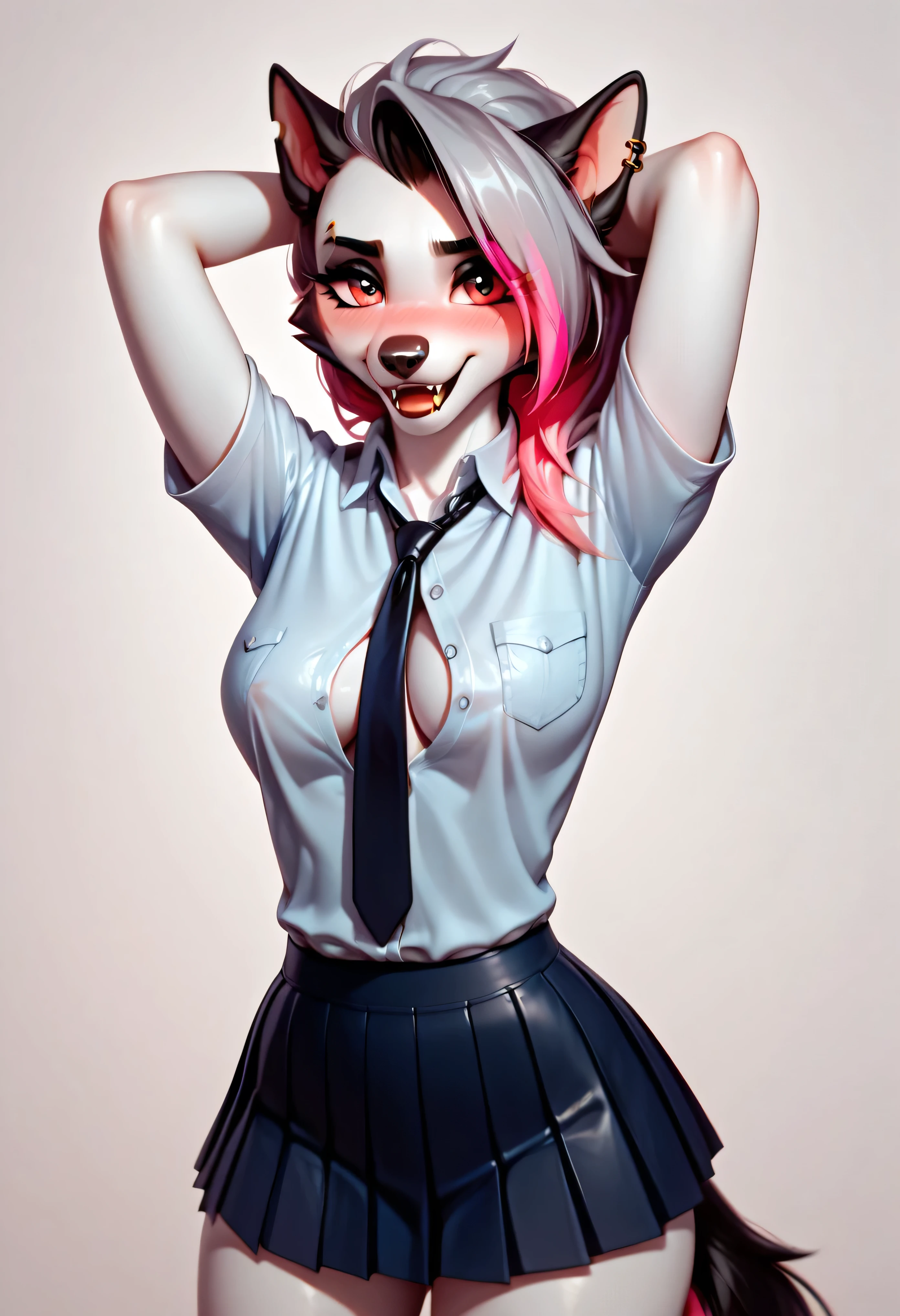 "ANTHRO Loona emerges from a wardrobe wearing a makeshift ‘schoolgirl’ cosplay—tight pleated skirt, unbuttoned shirt, tie hanging loosely. She blushes while posing, fangs nibbling her lip. NSFW accidental panty slip, cute embarrassed expression, suggestive pose. Painterly style with soft pink highlights and teasing light."