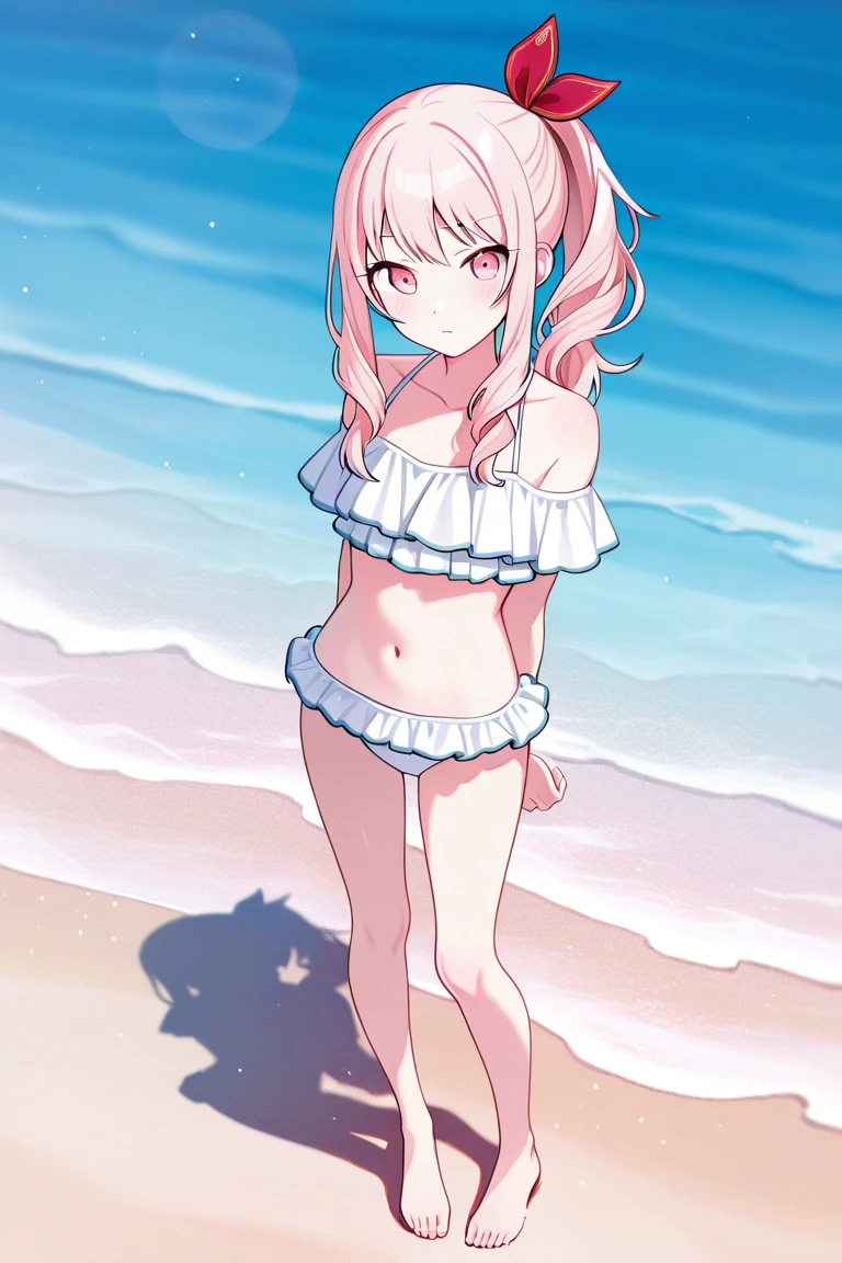 hair bobbles, hoshino, swimsuit, bikini, beach setting, smile, blushing
