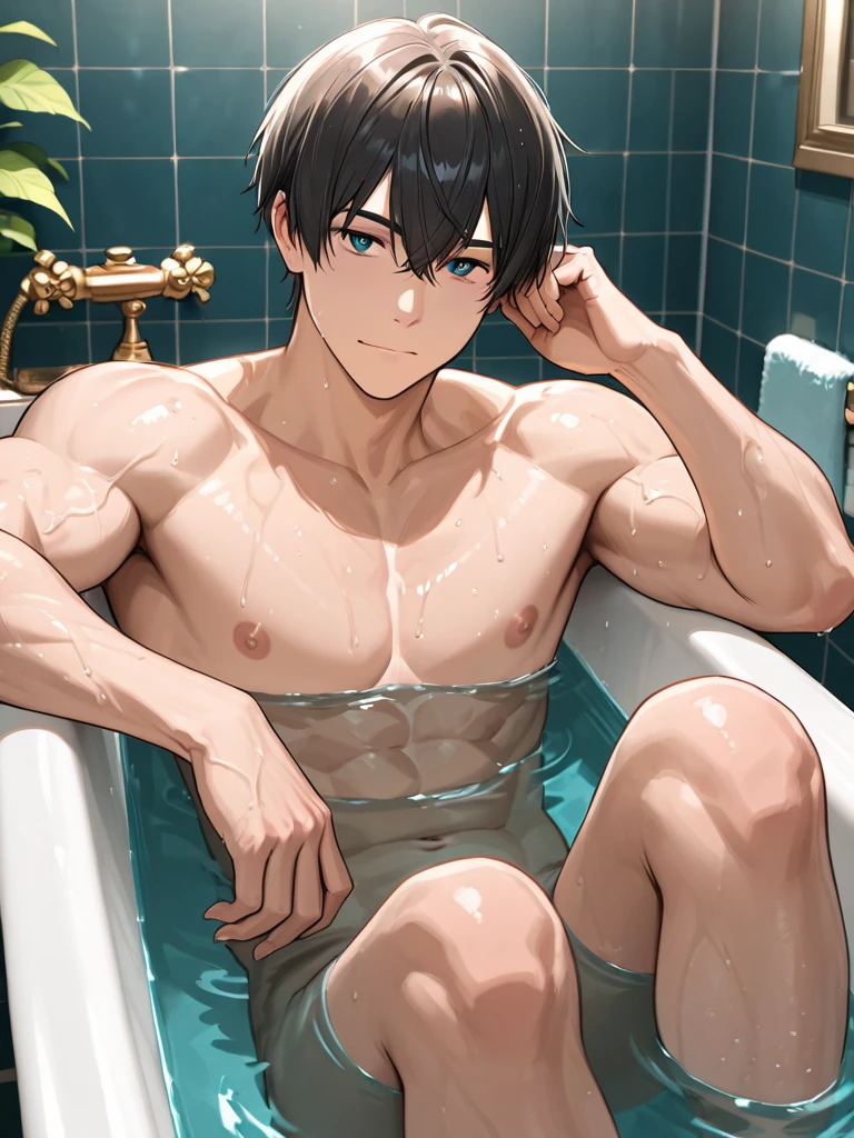 masterpiece, best quality, a boy, white socks,Shirtless,thin legs,long legs,standing,close shot,Clear and exquisite facial features,tub,body is wet