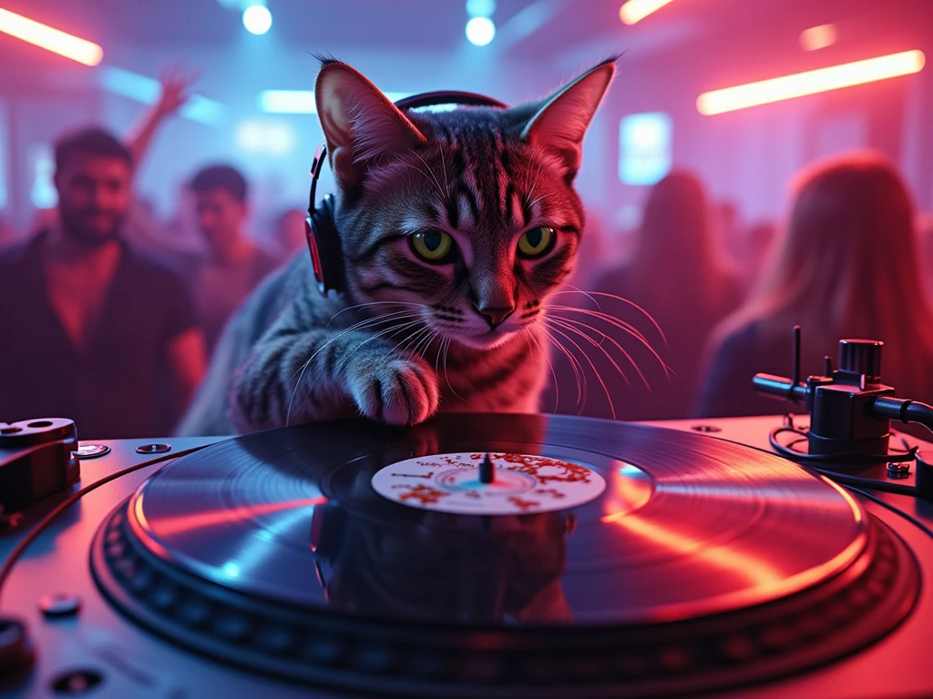 Highest image quality、Club Venues、A cat wearing headphones is riding around on a turntable record、