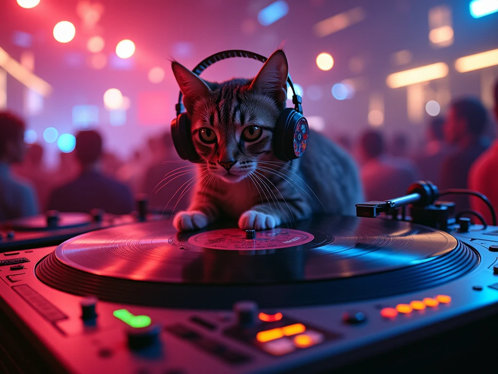 Highest image quality、Club Venues、A cat wearing headphones is riding around on a turntable record、