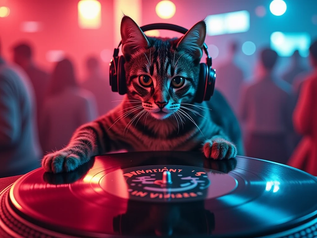 Highest image quality、Club Venues、A cat wearing headphones is riding around on a turntable record、