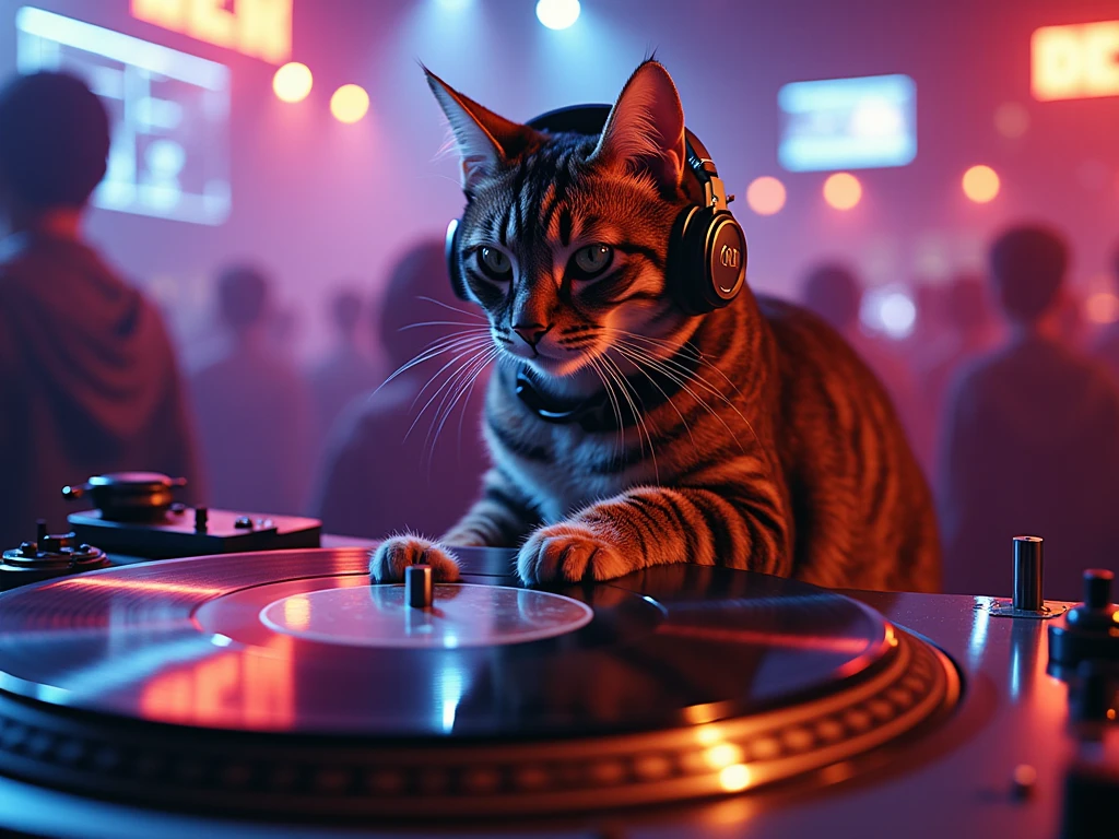 Highest image quality、Club Venues、A cat wearing headphones is riding around on a turntable record、