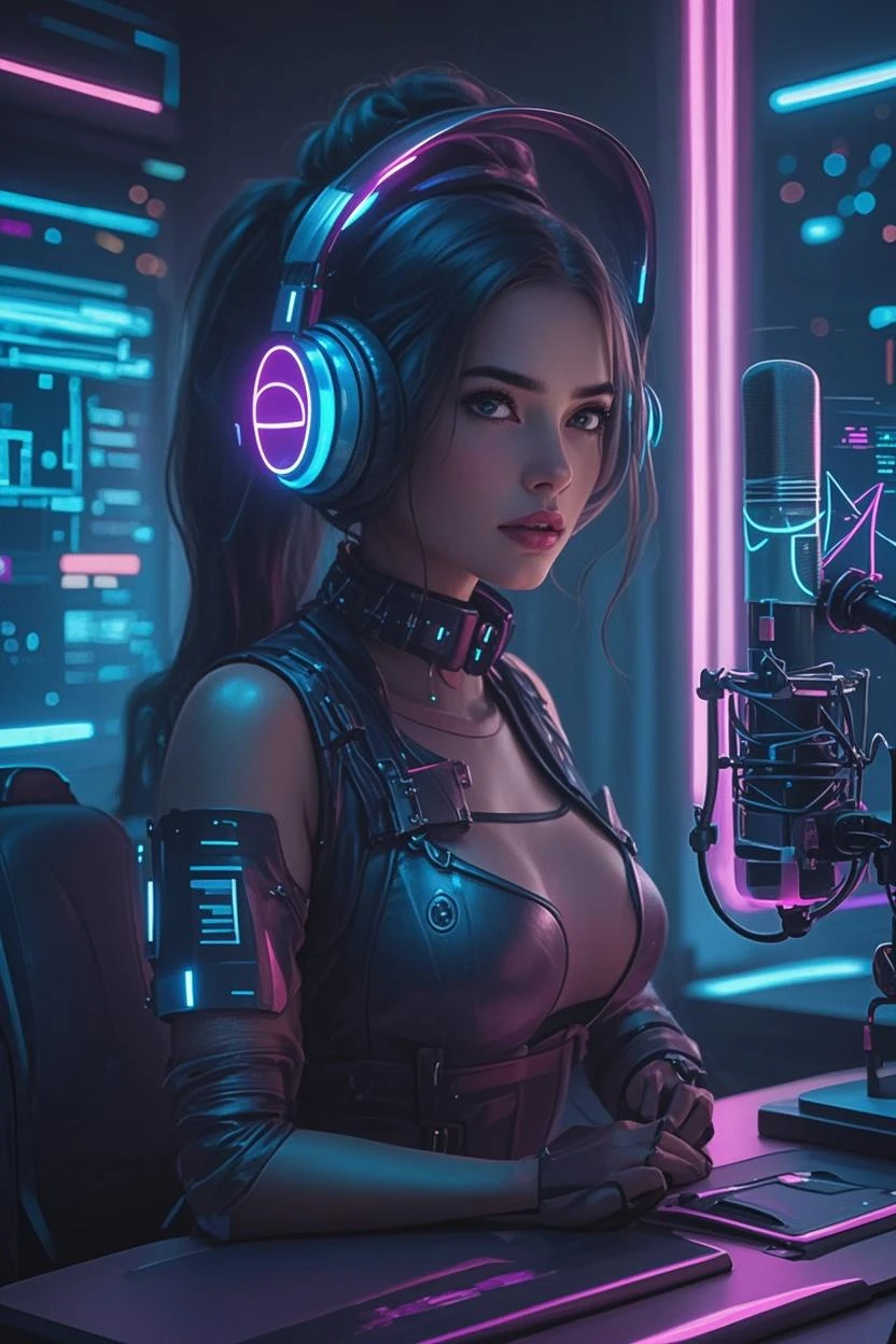 there is a woman, Hanawins,  in a black bra top and headphones playing a game, techno mystic goddess, twitch streamer, dark purple hair and cybernetics, ( ( ( synthwave ) ) ),  synthwave style, fashwave, streaming on twitch, still from a music video, profile picture 1024px