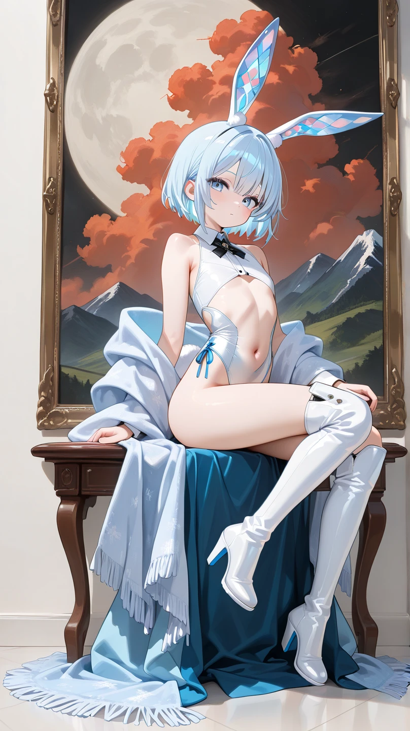 ((masterpiece, highest quality, High resolution)), she is about 20 years old、Anemone、goddess、height: 165cm、big breasts、Breast augmentation、Pink and blue soft short cut blonde hair,delicate face,naked without clothes、art、thigh-length long boots,cyber punk,She is slender and、has a beautiful appearance。She sits with her legs spread in an M shape,Pose from the front with legs apart。Her arms are tied behind her back。art的でHigh resolutionです、art