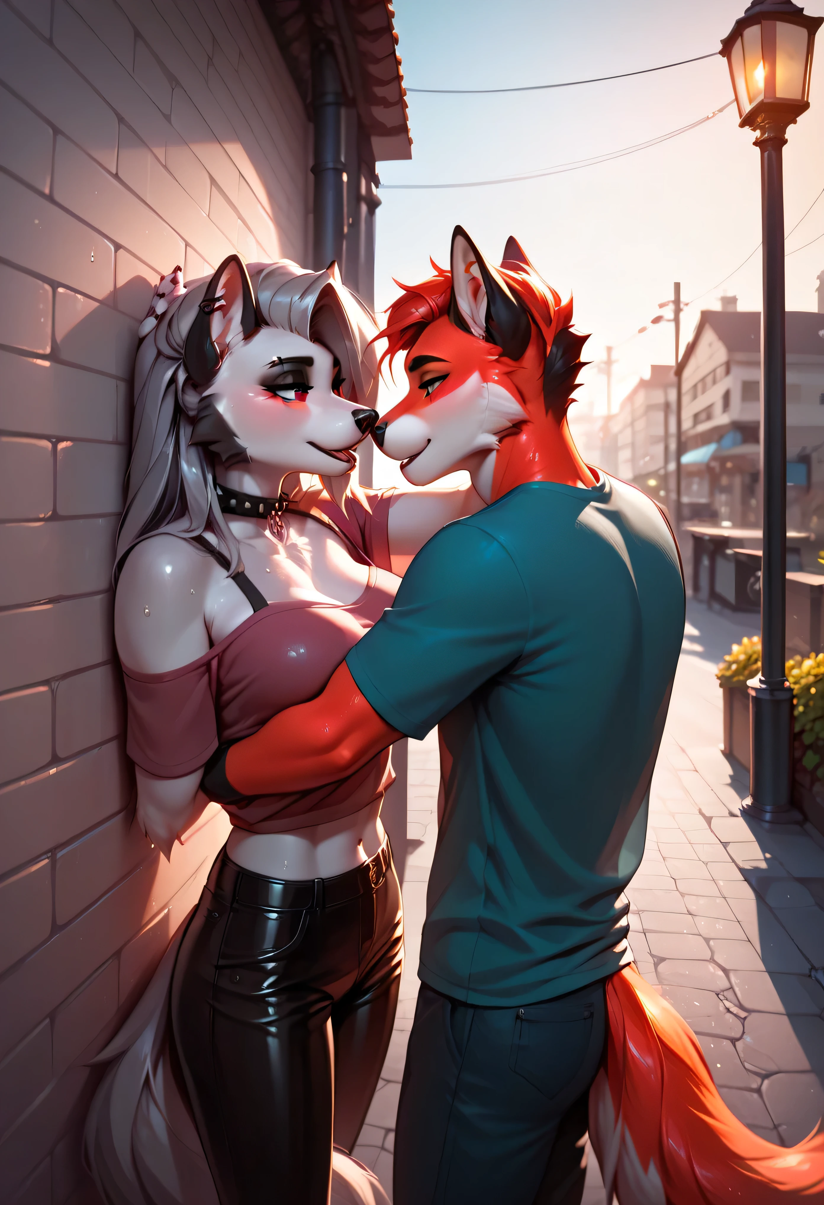 "On a rooftop under warm rain, ANTHRO Loona pulls her partner into a wet, slow kiss, both soaked and half-nude. Her fur clings to her curves, clothes clinging and slipping off. NSFW exposed bodies in a close, passionate pose, glowing streetlights in the background. Painterly atmosphere full of emotion, tension, and sensual energy."
