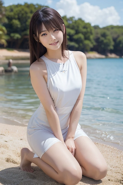 Beautiful Japanese idle, plump breast, squatting in seashore, sundown, from below, cat ears, summer  ,