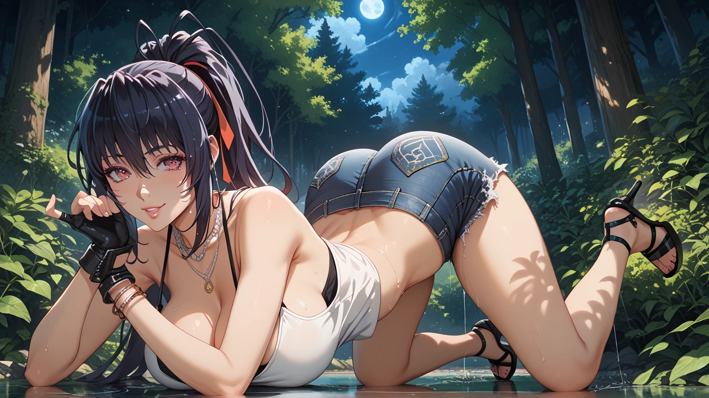 beautiful, (masterpiece:1.2), (best quality:1.2), perfect eyes, perfect face, perfect lighting, 1girl, ass, ass focus, bangs, black footwear, bottomless, braid, braided ponytail, breasts, closed mouth, cloud, cloudy sky, from behind, high heels, light smile, long hair, long sleeves, looking at viewer, looking back, outdoors, railing, black hair, ringed eyes, shirt, sky, smile, solo, squatting, sunset, white shirt, yellow eyes, glowing eyes, sexy laces, thongs, panties, tiny panties, thick thighs 
