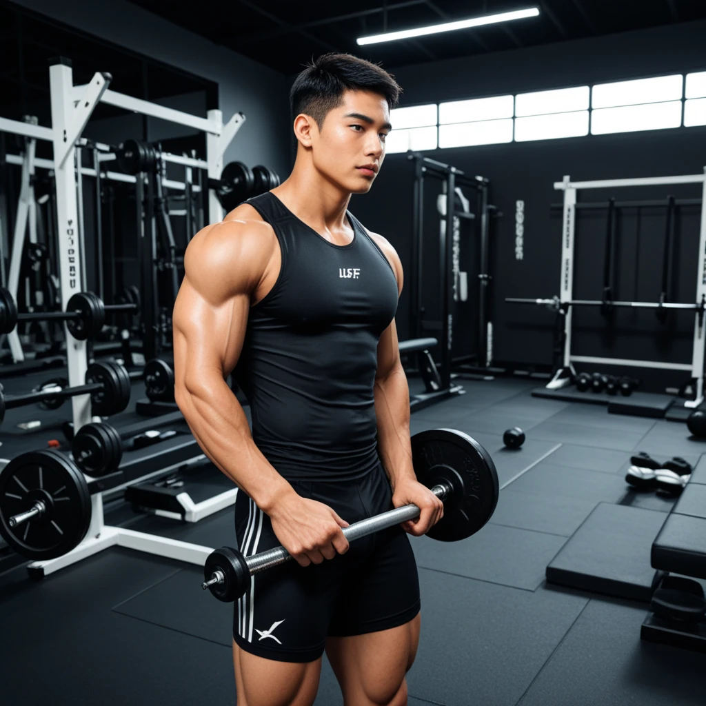 realistic, masterpiece, intricate details, detailed background, depth of field, photo of a handsome (finnish man), gym, tank top, shorts, holding dumbbell, dynamic pose,