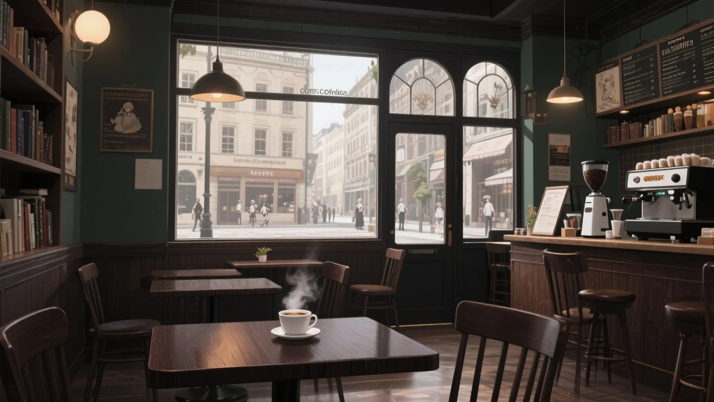 give me a picture of a European style anime coffee shop, cozy space looking out the glass window is a European street, inside the dark wooden interior creates a cozy feeling, on the table is a steaming hot coffee, dark wooden tables and chairs, there are also bookshelves, a drink ordering counter with a coffee machine and menu,.... anime style
