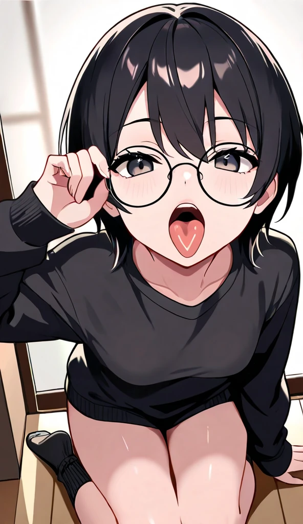 mature woman,modest mature housewife,round glasses,black hair,at rich home,mature curvy body,straight hair,easy-going face,navy shirt,white button,sweaty,gray skirt,pov groping,breast grab,at entrance,humid,flying heart-shapes,trembling,vulgarity,sucking penis hardly,blowjob,woman on floor,from above
