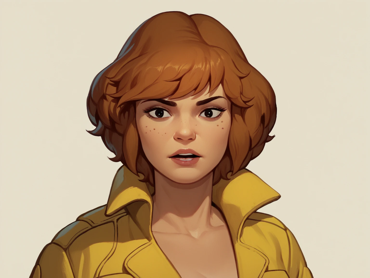 score_9, score_7_up 1girl, solo, april o'neil, cleavage, jacket, portrait, looking to the side
