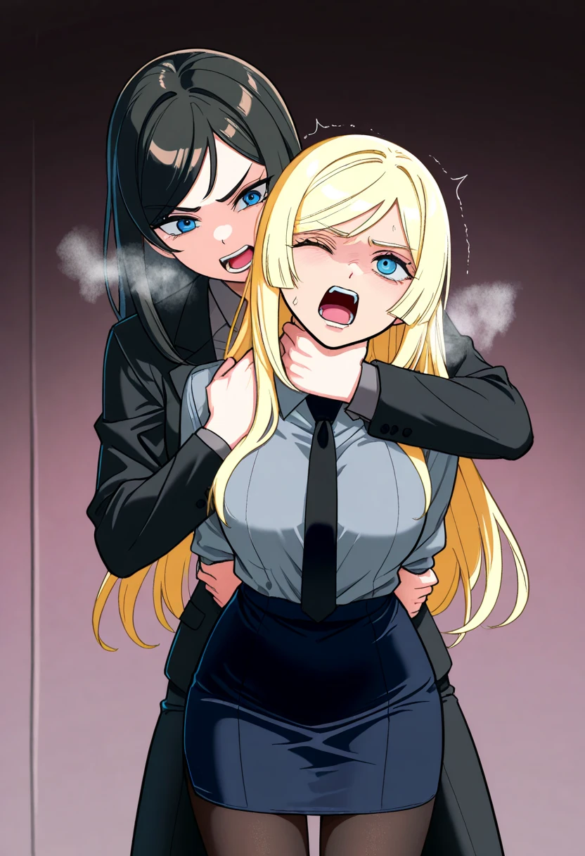 Black Cat and Mary Jane Watson, girl's legs spread in V position, futanari holding girl's legs up, spreading legs while penetrating girl from behind/beneath,