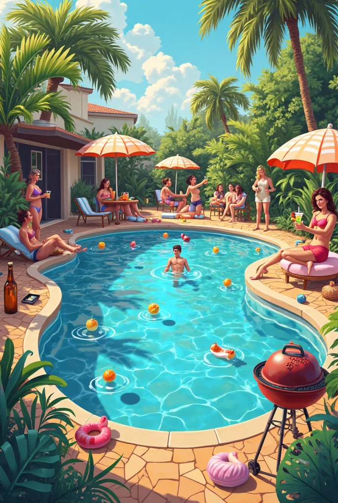 best quality,realistic,ultra-detailed,(highres,masterpiece:1.2),vivid colors,girls playing in the pool,detailed facial expressions,happy and joyful atmosphere,clear turquoise water,sparkling in the sunlight,refreshing splashes of water,beautiful summer day,gentle breeze rustling the leaves,flowing pool water creating a soothing ambience,carefree laughter and chatter,relaxing poolside chairs and umbrellas,palm trees swaying in the background,floral print swimsuits,stylish sunglasses and sun hats,delicious poolside snacks and drinks,refreshing pool toys and floats,crystal clear reflection of the girls in the water,splashes of water droplets in mid-air,floating pool toys and rubber duckies,giggling and playful interactions between the girls,happiness shining in their eyes,friendship and togetherness,upstairs bedroom window overlooking the scene,sunlight casting soft shadows on the pool,delightful summer vibes,friends enjoying their leisure time,memorable moments captured in the painting