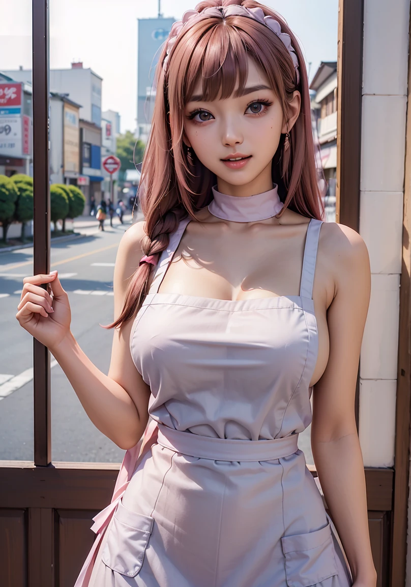 Highest quality, Realistic, Very detailed, finely, High resolution, 8k wallpaper, 1. 2Beautiful woman with, Japanese,long hair, Perfect lighting, Green Hair, Inner Color,Side lighting, Detailed face, bangs, White skin,Great smile,office Street, City background,Tight bodycon dresses, No bra, Areola, Thighs, Wet and transparent, The lower body is plump, walk,Looking up from a slightly downward angle