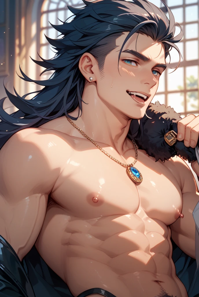 A muscular blue haired man with gray eyes and long hair in a pirate's outfit is drinking at the bar with a big smile