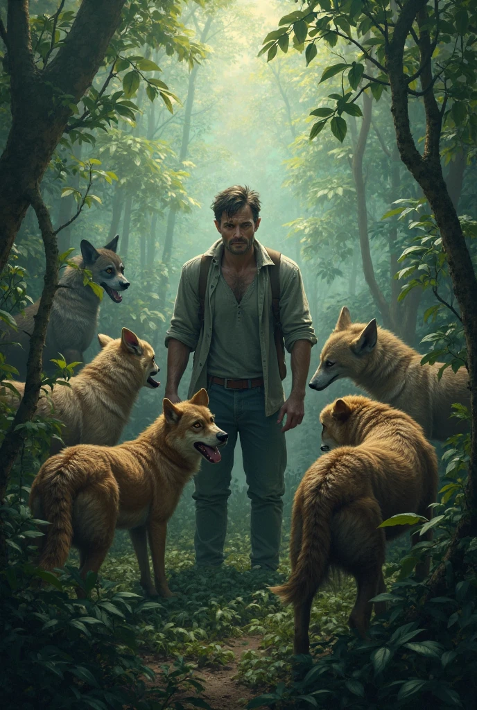 Cute teenage boy with short strawberry blonde hair wearing sweatpants and no t-shirt in the forest looking handsome with his dad with defined body green eyes short wavy black hair showing something to his son (wolves beautiful werewolves of strawberry blonde color white tail on the tip son, and green-eyed parents by the big black wolf) teaching your son to be a wolf