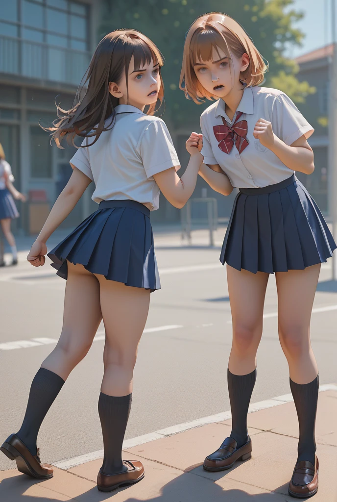 Browsing Caution, ((masterpiece)), ((Highest quality)), (Very detailed), ((cute)), cute, (Multi-point), ((sexy)), (device), ((Very detailed)), 4K, (8K), Highest quality, (beautiful), hyper cute face, shape, Anime Style,hyper Genuineistic, Genuine, Dynamic Angle, ((whole body)), close, Thick outline, Clear contours, at school, (Three Girls, 3 cute girls:1.5), (Schoolgirl Uniform :1.5), beautiful light brown hair, beautiful brown eyes, ((beautiful eyes)), (Leaning forward:1.5), short hair, Very large breasts,  smile、Gal、loose socks