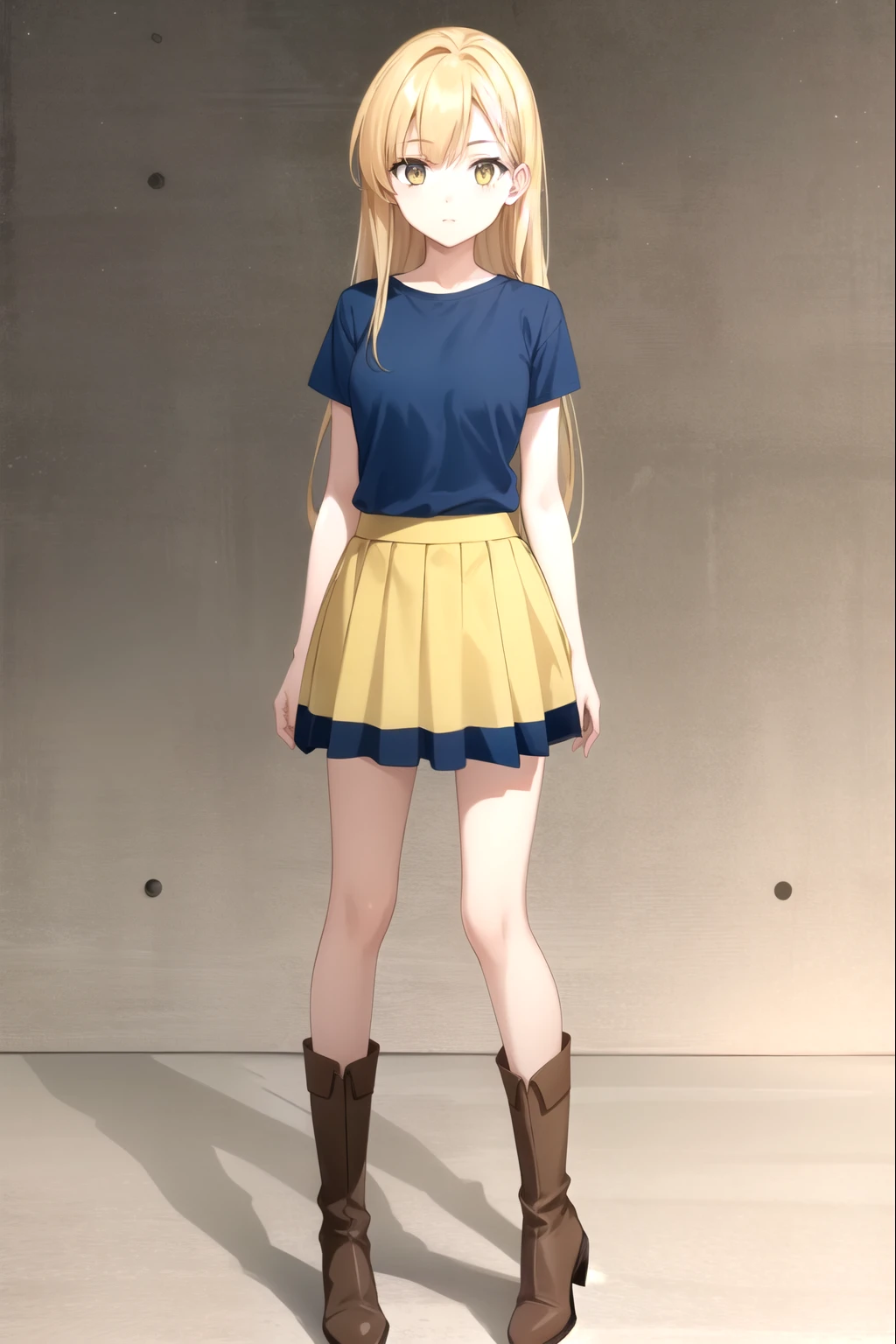 1girl, standing (Anatomically Correct body 1.6 ) Blonde anime girl with long hair of (yellow eye Navy blue t-shirt and light blue skirt (color) And brown boots 1.6)