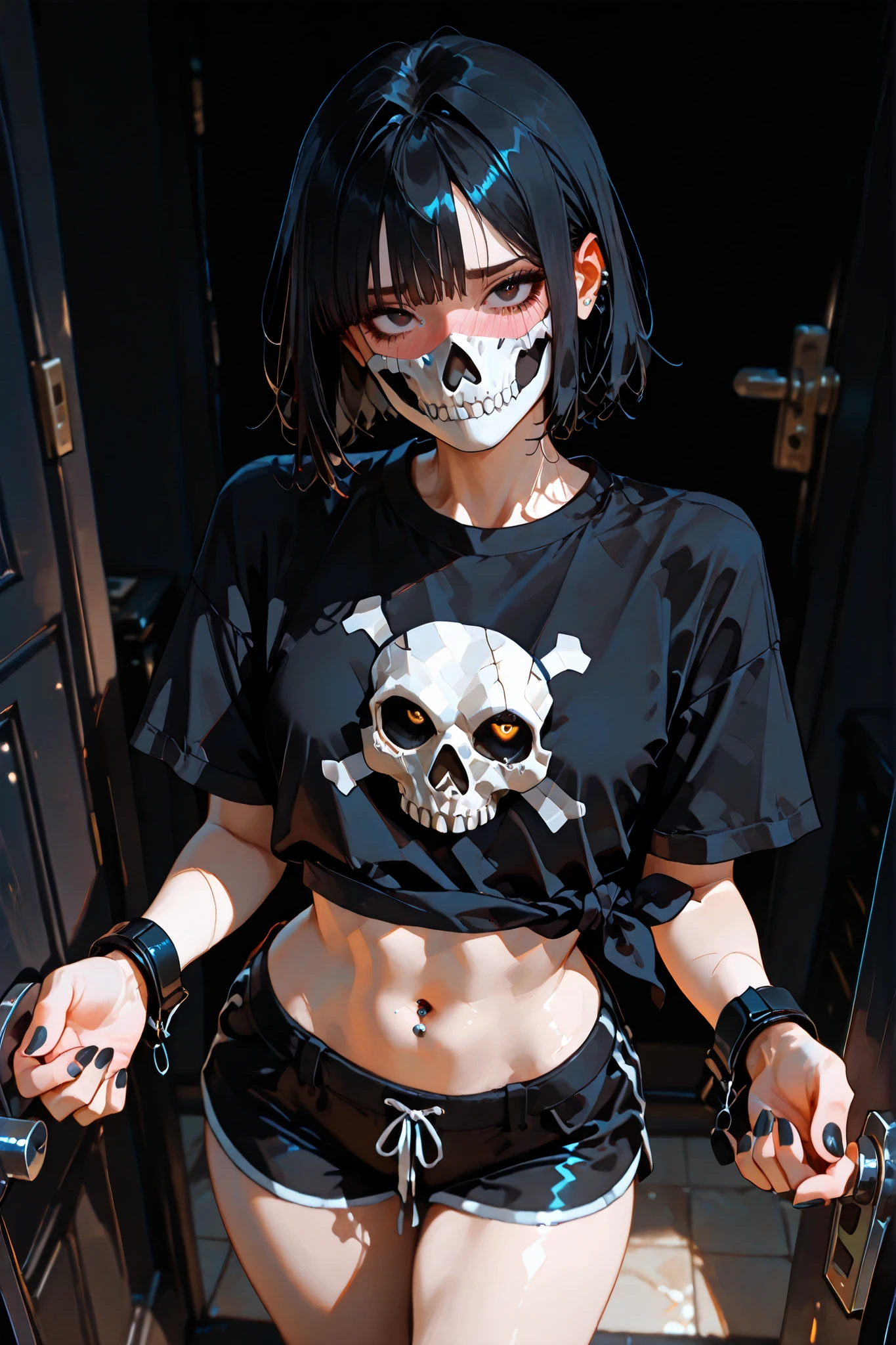 (SuperQuality:1.0) ~ (SuperQuality:1.2), detailxl, girl, Solo, High Resolution, Best Quality, High Details, Super Detailed, room, simon_riley, skull_mask, black oversize shirt tied up revealing her belly, short hair, black hair, black shorts, belly piercing, long nails, black nails, looking at viewer, ((dark background)), view from above, blushing, nervous, embarrassed, ((standing infront of a door)),