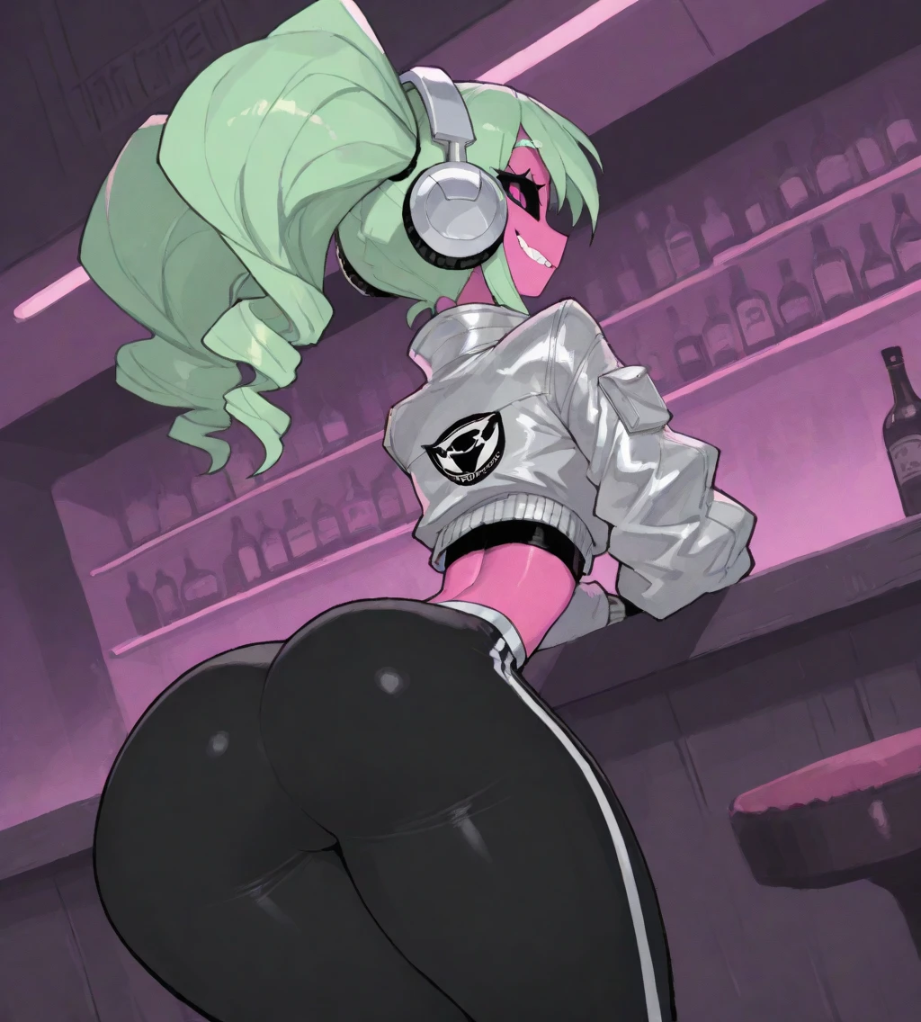 Focus on buttocks from directly behind, dirty toilet, take off torn underwear halfway, get on toilet bowl, low angle, look back on all fours, look at camera, woman with pink hair in braids sticking out buttocks and looking back, whole body is wet with white liquid, very large breasts, glamorous body, green tips, green eyes, embarrassed, watery eyes, smile, plump thighs, sexy woman, panty shot, Panties bitten, beautiful woman, dirty with yogurt all over her body, abandoned toilet