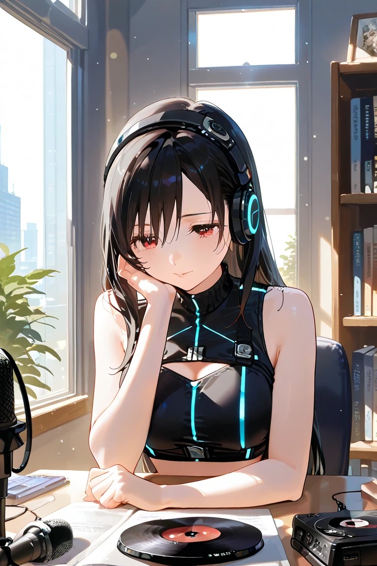 mask women with headphone and Professional Condenser Microphone loocking at camera wearing office outfint blank backgroung IN BIKNI