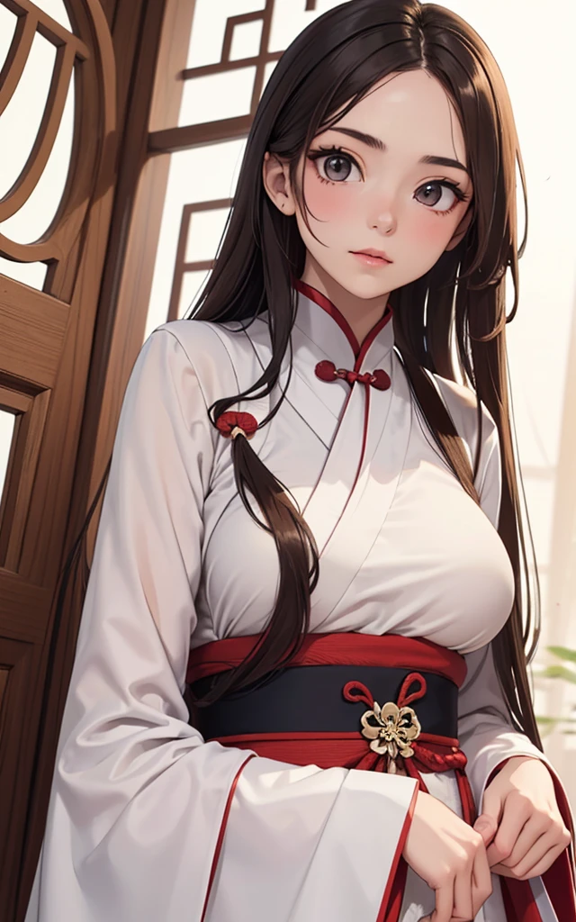 (Tabletop, Digital Art, Digital Illustration, 4K, 8K, Very detailed, Beautiful images, Clear images, Realistic, RAW Photos, Perfect Face, Perfect Lines, Perfect Eyes, Big eyes、Soft lighting) 1 female, (Long black hair,Straight hair,Bullish view,Beautiful woman,Man in suit,Apply makeup thoroughly,Girl,:1.3),masterpiece, best quality, 1 girl, 独奏, small breasts, white chinesedress, long skirt, blue eyes, bangs, black hair, looking down, wariza, shy, (show off panties:1.2), (Beijing:1.2)