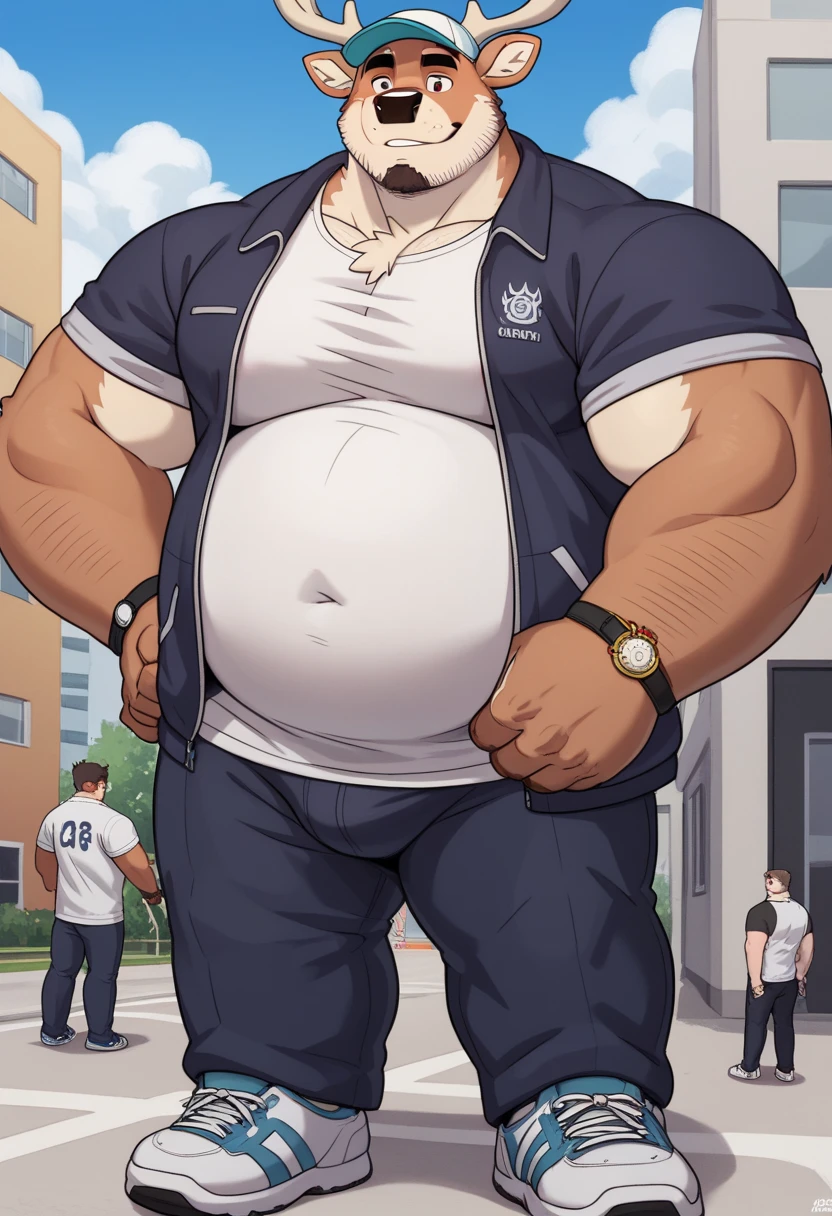 anime, anime style, (best quality,4k,8k,highres,masterpiece:1.2),ultra-detailed,(realistic,photorealistic,photo-realistic:1.37),((massive muscular)) ((huge Muscular)) chubby old man as police, wearing police hat, bulge, shorts and shoes, white hair, super thick arms, super big pectoral, super wide pectoral, ???????, shirtless, low angel , bottom view, (ground view)