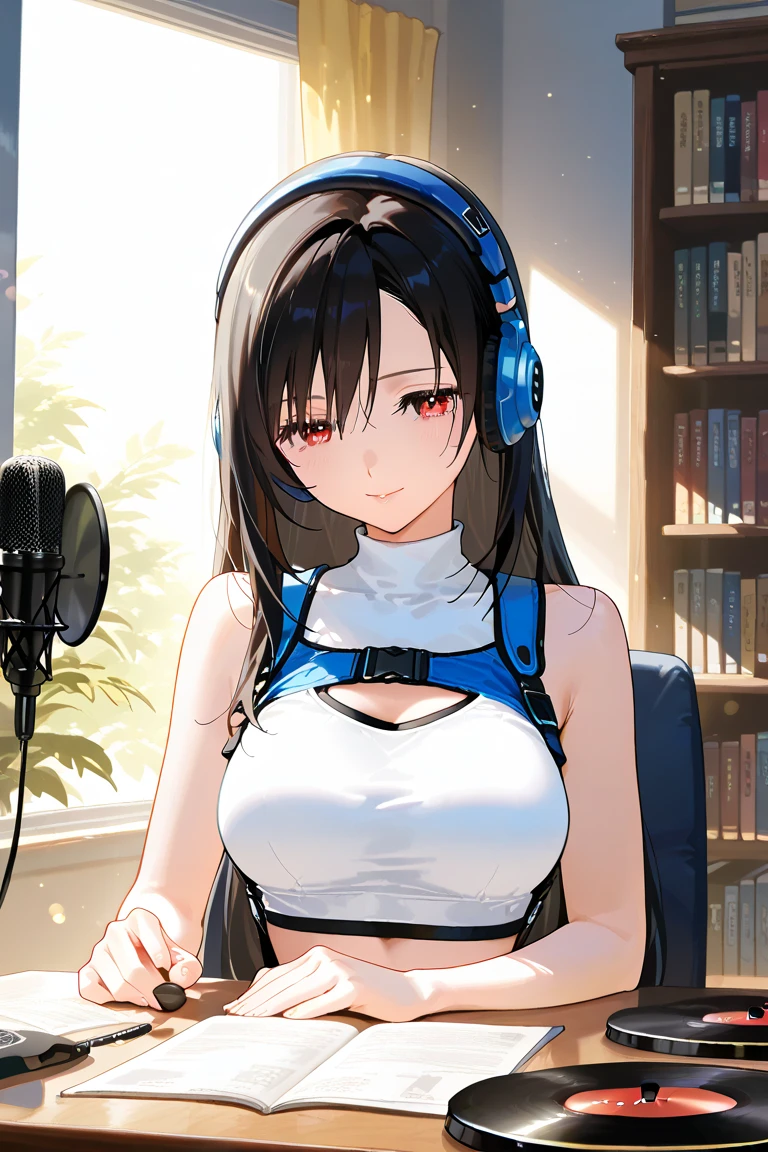 (masterpiece), (best quality), (ultra-detailed), photorealistic, (best illustration), ((an extremely delicate and beautiful)), 1girl, solo, nagashimakai, upper body, wide shot, blue coat, open coat, collared shirt, sleeveless shirt, bare shoulders, necktie, headphones, , g, 1, off shoulder, ultra-detailed, finely detailed, from side, looking back, clothes writing, open mouth, blush, (very huge breasts),( sideboondoors, bookshelf, book, sunlight, sleeves past fingers,