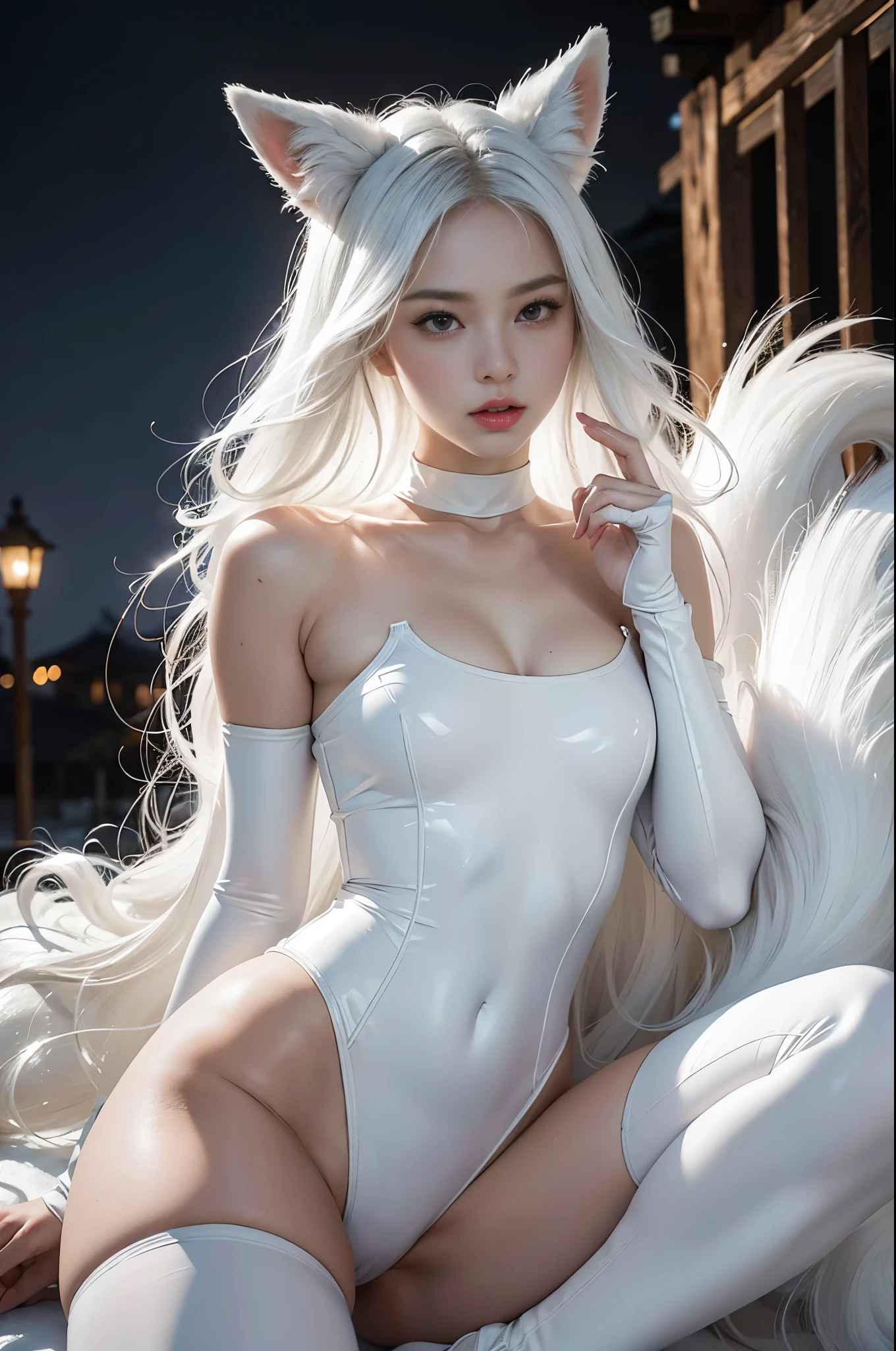 masterpiece, best quality, (alone focus), (perfect face:1.1), (high detail:1.1),dramatic, 1 person, (pale skin), long white hair, white eyes, [Light eyebrows], alone, long hair, moon, night, white luxury suit, cover navel, pout, cover, futuristic city, Detailed background, artgerm and greg rutkowski&#39;s work, Light, Rose, Fashion, Balenciaga style
