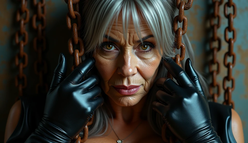 ((Best quality)), ((Masterpiece)), (4k details), (((Old Asian woman))),(((The organs are complete and not distorted. , (((Madame, old very))), (((old and withered))), ((70 year old woman)), (((70 year old woman))), ((70 year old woman)), short hair with bangs, large breasts. , outer cheongsam wearing a corset, red lipstick, eyes looking into the camera, red leather gloves,