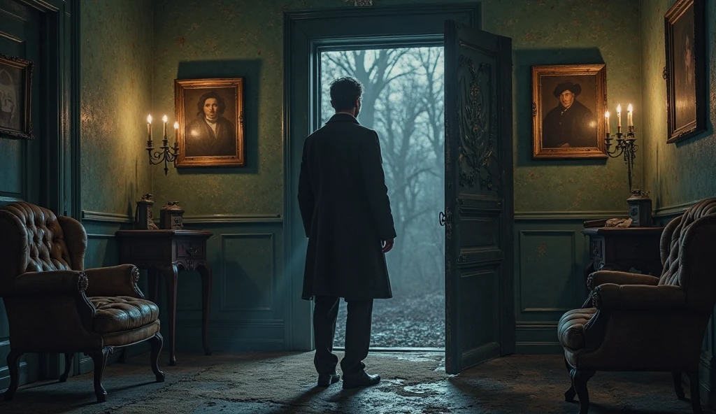 Prompt: Mr. Roy holding a flashlight as he walks cautiously through the mansion’s dark, narrow corridors. The walls are lined with old paintings, and some faces in the paintings appear disturbingly lifelike.