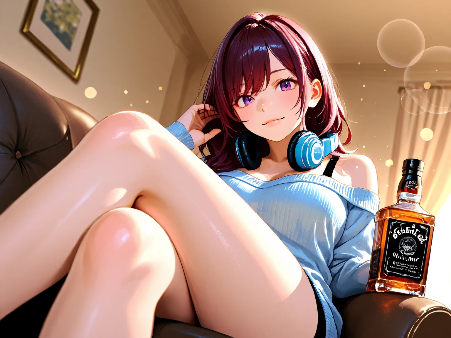 1lady solo, (relaxing on sofa) (looking at viewers), (holding can of beer) in one hand, casual outfit (cool and sporty loungewear), (mature female:0.8), /(dark brown hair/) bangs, blush kind smile, (masterpiece best quality:1.2) delicate illustration ultra-detailed, large breasts BREAK (modern living room), furniture, night, soft lighting, detailed background