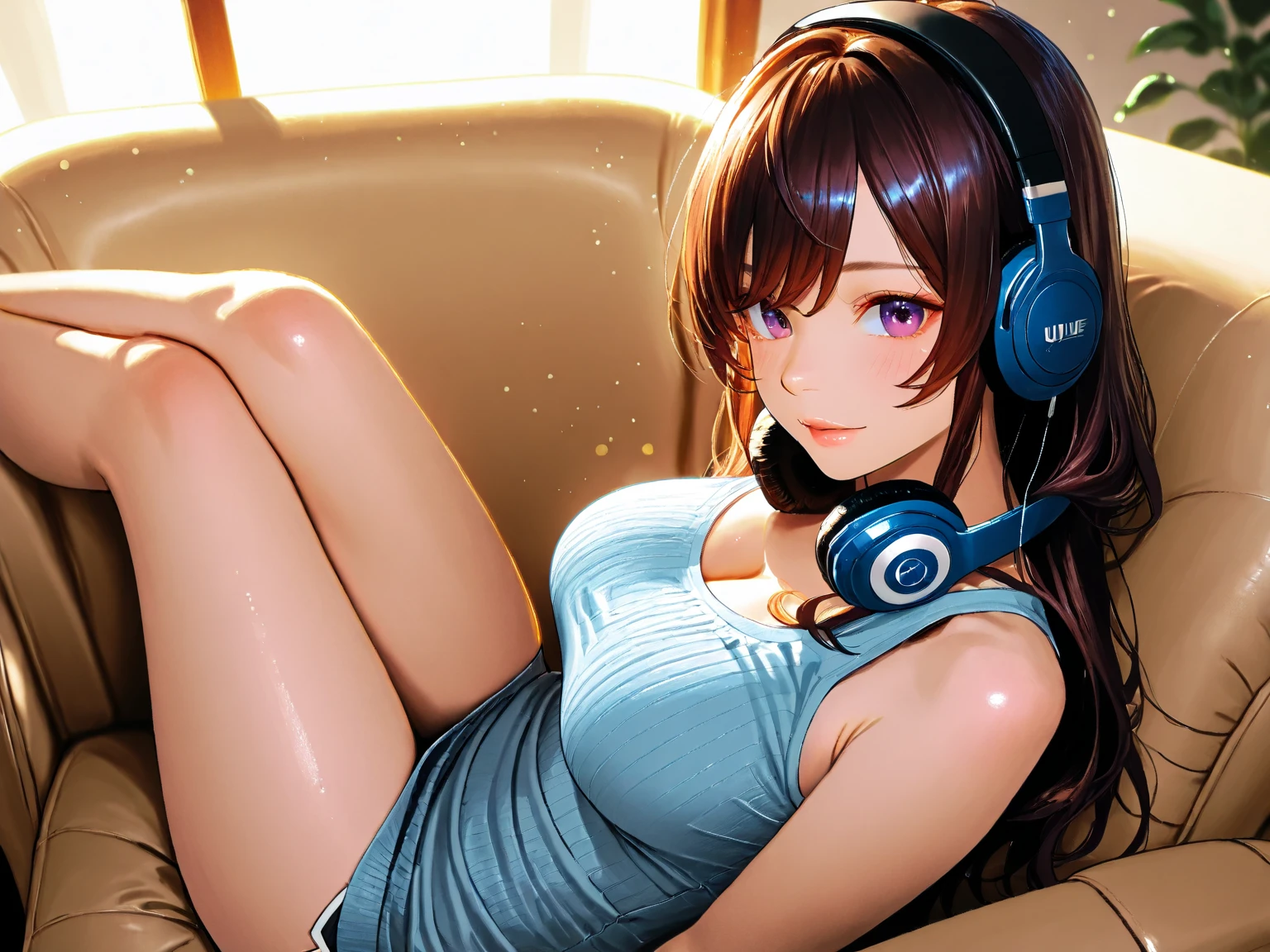 Girl with headphones enjoying music in a cafe I am studying Emphasize a little bit of the chest