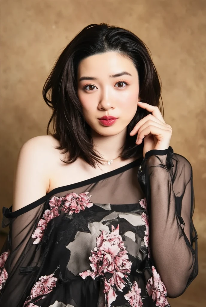(flat-colors:0.9),(colourfull:1.1),(masterpiece:1,2), top-quality, masterpiece, hight resolution, Original, highly detailed wallpaper, Viewer's Perspective,Solo,portlate, ((A MILF))、53 years old、Mature Woman Body Set、Exposing breasts、showing teeth、Detailed tongue、Detailed mouth、Staring at this、