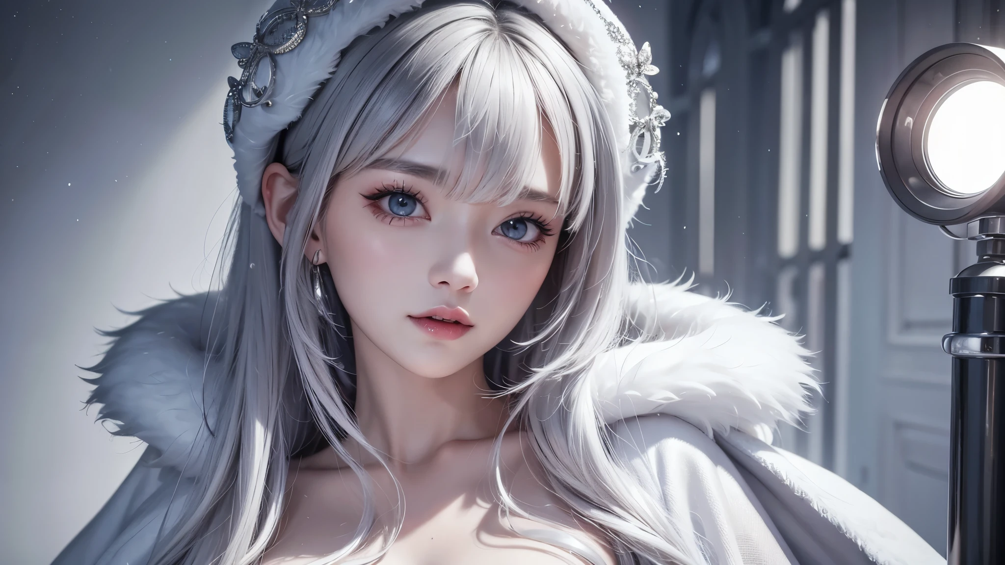 (Close-up)((masterpiece:1.5、8k、Tabletop、Photorealistic and very detailed CG、Very detailed、Particle Effects、Dynamic Effects、Written boundary depth、Cinematic Light、Lens flare、Ray Tracing、Tabletop、Realistic:1.4、超A high resolution、Realistic、Realistic))((alone、,Woman wearing a fur coat over an off-the-shoulder dress:1.4、Elegant woman posing:、Detailed face、brightexpression、young, bright, Whiter skin、medium beauty breasts、Best Looks、Ultimate beauty、White hair with shiny highlights、Bright and shiny straight hair、Hair dancing in the wind))(morning、fantastic snow background)
