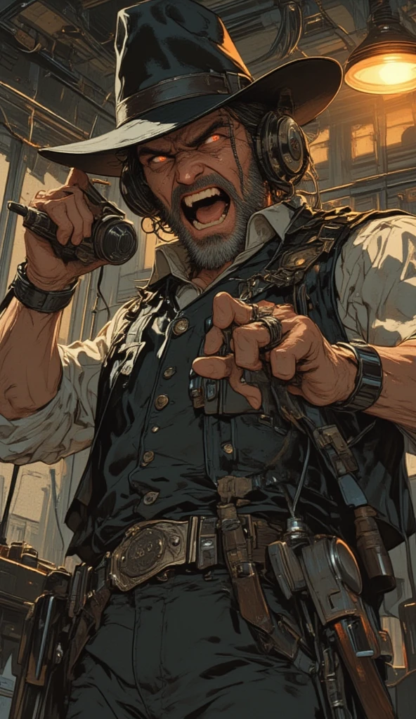 fantasy character (((male))) cowboy, hat covering eyes (((golden))), night background, spectral scenery with demonic shadows, demons in background, soul, digital illustration, western noir comics style, anatomy perfect, centered, perfect zoom, dynamic, highly detailed, watercolor painting, seasonal art, concept art, soft, sharp focus, illustration, art by Carne Griffiths and Wadim Kashin