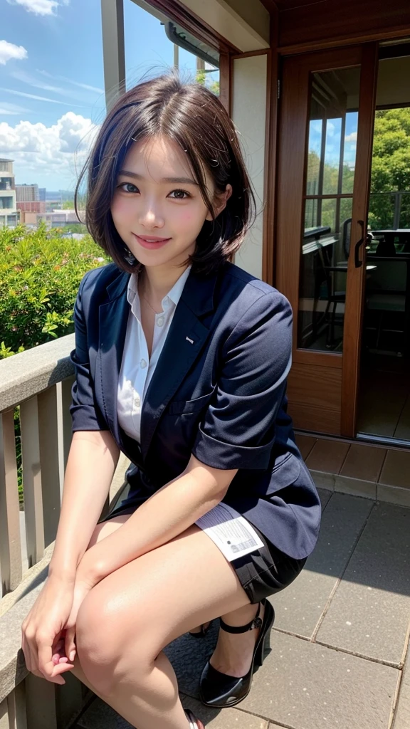 Cross your arms,legs crossed:1.5,Inside the company、Wearing a dress shirt and business jacket,look at the camera with a smile、（Panties）、woman, 20-year-old, Short Hair,私のPantiesを露出させてください...、(レースのPantiesー)、(Tilt your head a little)、Detailed skin、Detailed skin、Detailed Sweat
